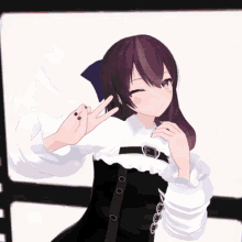 a girl with purple hair and red eyes is wearing a black dress