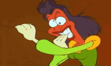 a cartoon character with purple hair and green arms is smiling