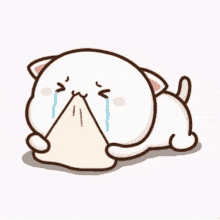a cute cartoon cat is laying down and crying while holding a pillow .
