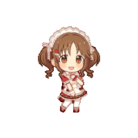 a little girl with pigtails is wearing a maid outfit and holding a stuffed animal .