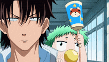 a cartoon character is holding a fan with a bear on it