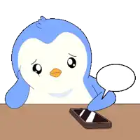a penguin is sitting at a table looking at a cell phone with a speech bubble