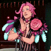 a cartoon character with pink hair and roses on his shoulder