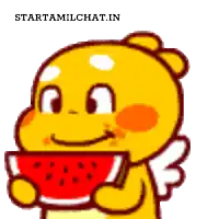 a cartoon character is holding a slice of watermelon with the words starttamilchat.in below it
