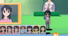 a cartoon of a girl standing next to a row of girls with numbers 2 through 9 on them