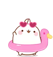 a cartoon character wearing heart shaped sunglasses and a pink flamingo life preserver