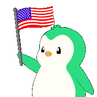 a green penguin is holding an american flag on a pole