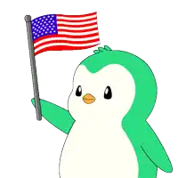 a green penguin is holding an american flag on a pole