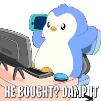 a penguin is sitting in front of a computer with the words he bought damp it