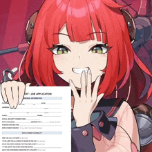 a red haired anime girl is smiling while holding a job application form .