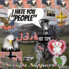 a picture of a bald eagle with a speech bubble saying " i hate you people "