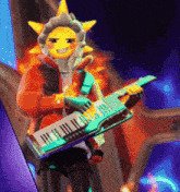 a cartoon character with a sun on his head is holding a keyboard ..