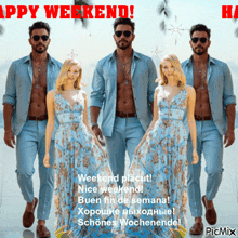 a group of men and women are standing next to each other with the words happy weekend written above them
