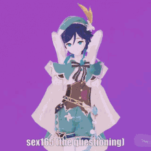 a cartoon character says sex165 ( the questioning ) in a purple background