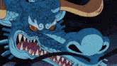 a cartoon drawing of a blue dragon with horns and sharp teeth