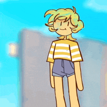 a cartoon drawing of a girl wearing a yellow and white striped shirt and shorts