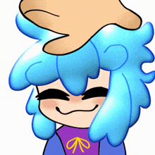 a cartoon character with blue hair and a purple shirt