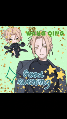 a drawing of a man with the words good evening on his shirt