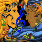 a painting of a lion and a woman with music notes around them .