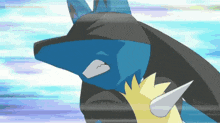 a cartoon drawing of a blue and black pokemon with a yellow tail