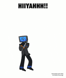 a cartoon character in a suit and tie is jumping in the air with the words hiiyahhh behind him
