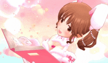 a cartoon girl is reading a book with a pink background