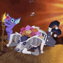 a cartoon drawing of a cat holding a torch next to a dog with flowers on its head