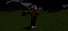 a girl is standing in a field at night wearing a white hat .