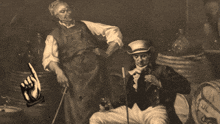 a painting of a man and woman with ye tis ports written above them