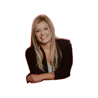 a woman with long blonde hair and a black jacket smiles