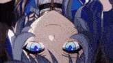 a close up of a cartoon character 's face with blue eyes and gray hair .