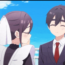 a man and a maid are looking at each other with a blue sky in the background