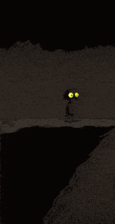 a cartoon character with big yellow eyes is standing on a cliff