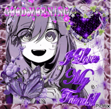 a picture of a girl with purple hair says good morning