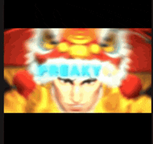 a blurry image of a man with a lion head and the word freaky on his head