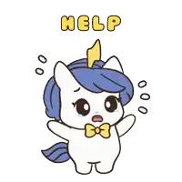 a unicorn with blue hair and a bow tie says help