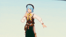a girl with blue hair and purple eyes is standing in front of a stage .