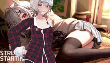 a girl in a plaid shirt is laying on a bed next to another girl with the words stre start in the corner