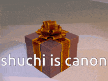 a gift box with a bow and the words chuchi is canon