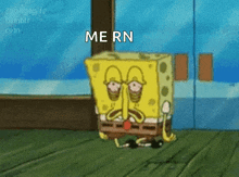 a cartoon of spongebob saying " mern " in front of a door