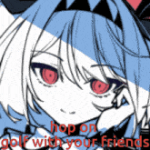a drawing of a girl with the words hop on golf with your friends below her