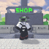 a minecraft character standing in front of a shop