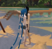 a woman with blue hair is standing next to another woman in a bikini