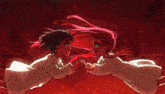 a girl with pink hair is holding the hand of another girl with black hair