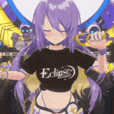 a girl with purple hair is wearing a black eclipse breaker shirt