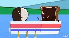 a cartoon of a slice of bread and a half of a marshmallow sitting on a boat