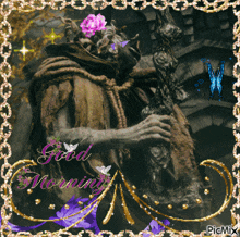 a picture of a statue with the words " good morning " on it