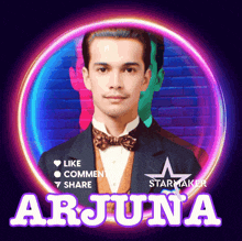 a man in a suit and bow tie with the name arjuna