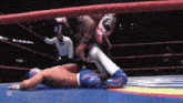 a wrestler is laying on the ground in a wrestling ring while another wrestler is standing in the ring .