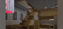a girl in a red shirt is standing on a staircase in a minecraft world